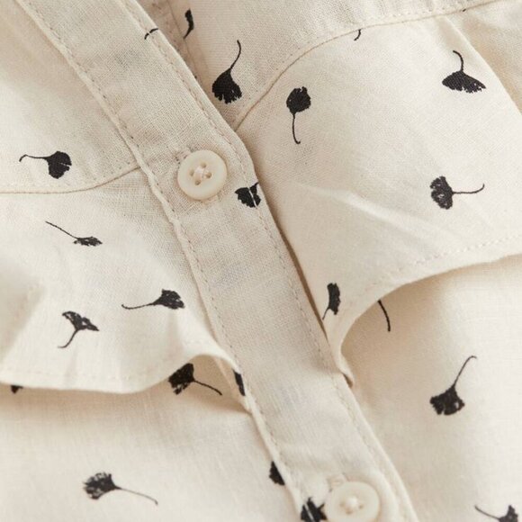 H&M Flounce-Trimmed Tan and Navy Floral Button Up Linen-blend Blouse Sz: L - Picture 2 of 9